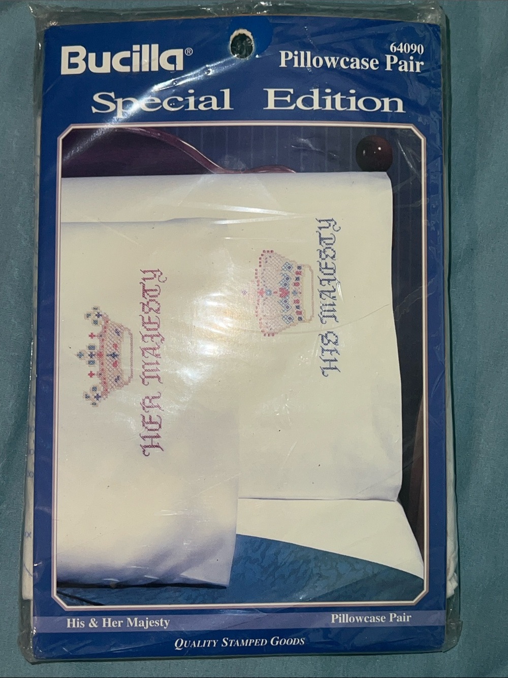 Vintage Bucilla Stamped Pillowcase Pair 64090 His & Her Majesty Crown NIP